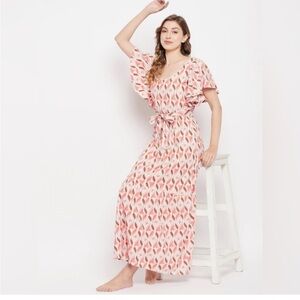 Sim & Sam V-Neck Ruffled Sleeve Maxi Dress Geometric Motif Size M cottage core